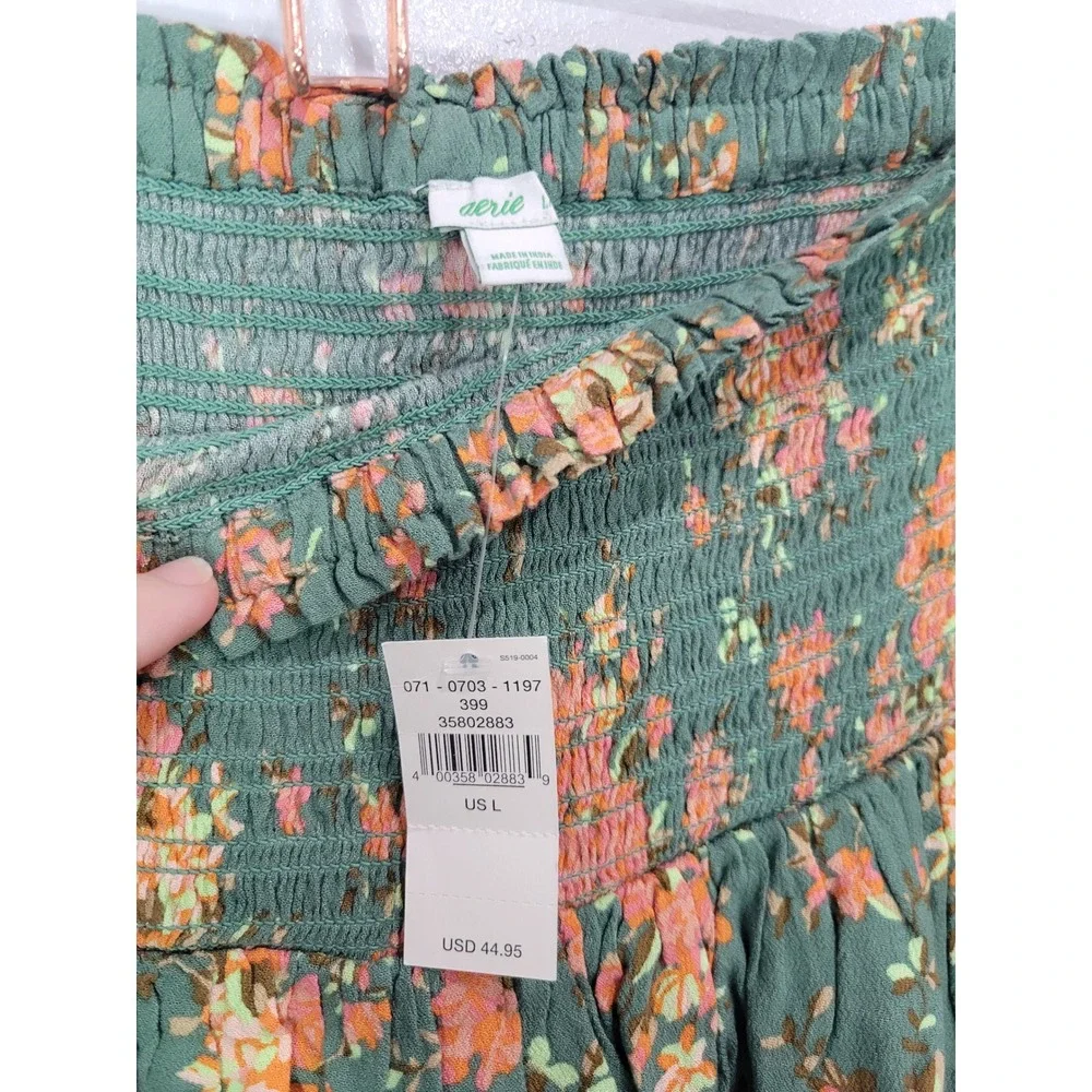 Aerie‎ Smocked Tiered Floral Mini Skirt Green Orange Womens L
